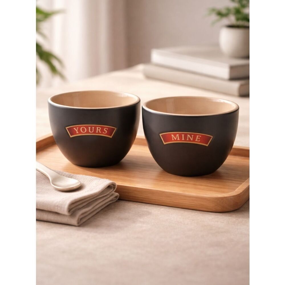 EUC Bailey’s Irish Cream “Mine & Yours” Mugs Desert Bowls Black Ceramic Bowl